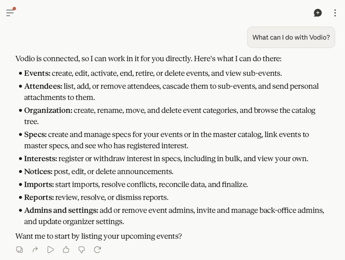 An AI assistant connected to Vodio, listing the operations it can perform for an organizer admin