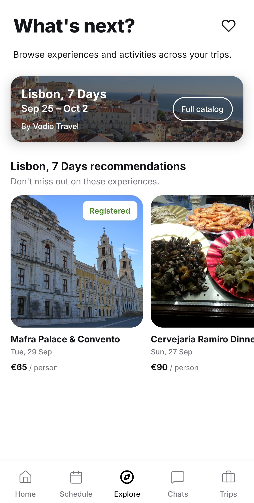 Trip-specific catalogue with a registered activity