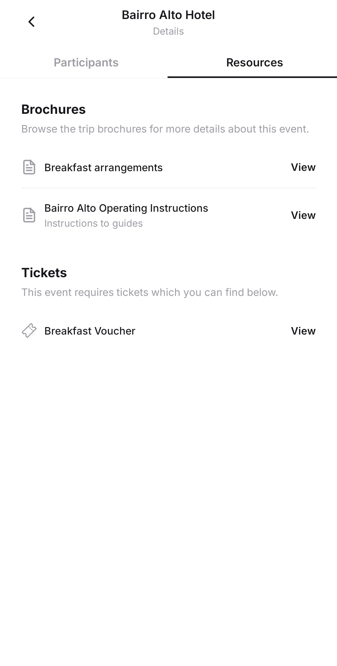 Hotel resources in the itinerary, including operating instructions for guides