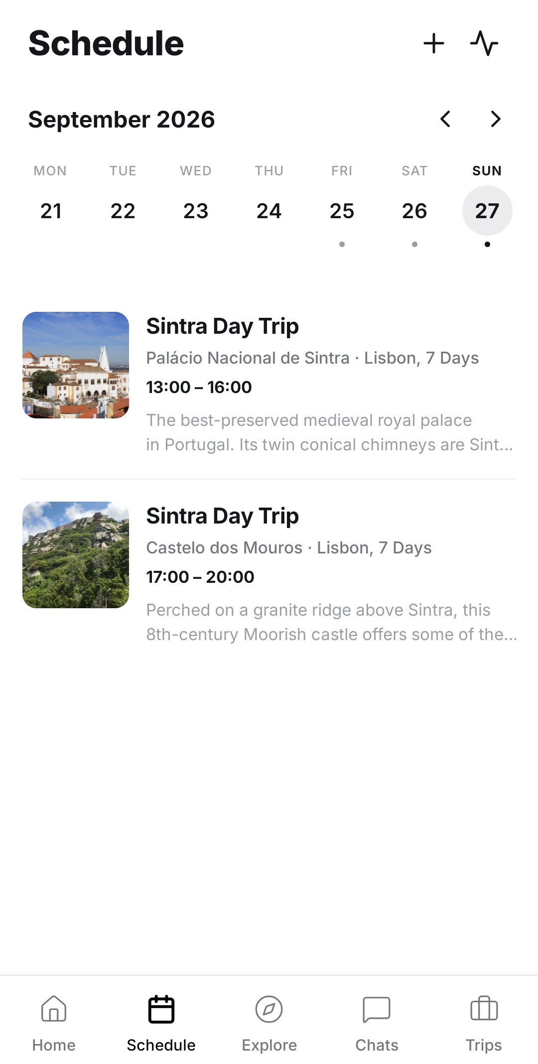 Itinerary with upcoming activity